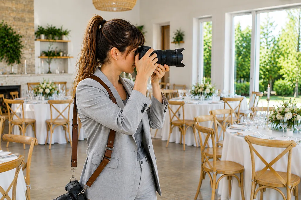 Poročni fotograf med fotografiranjem mladoporočencev